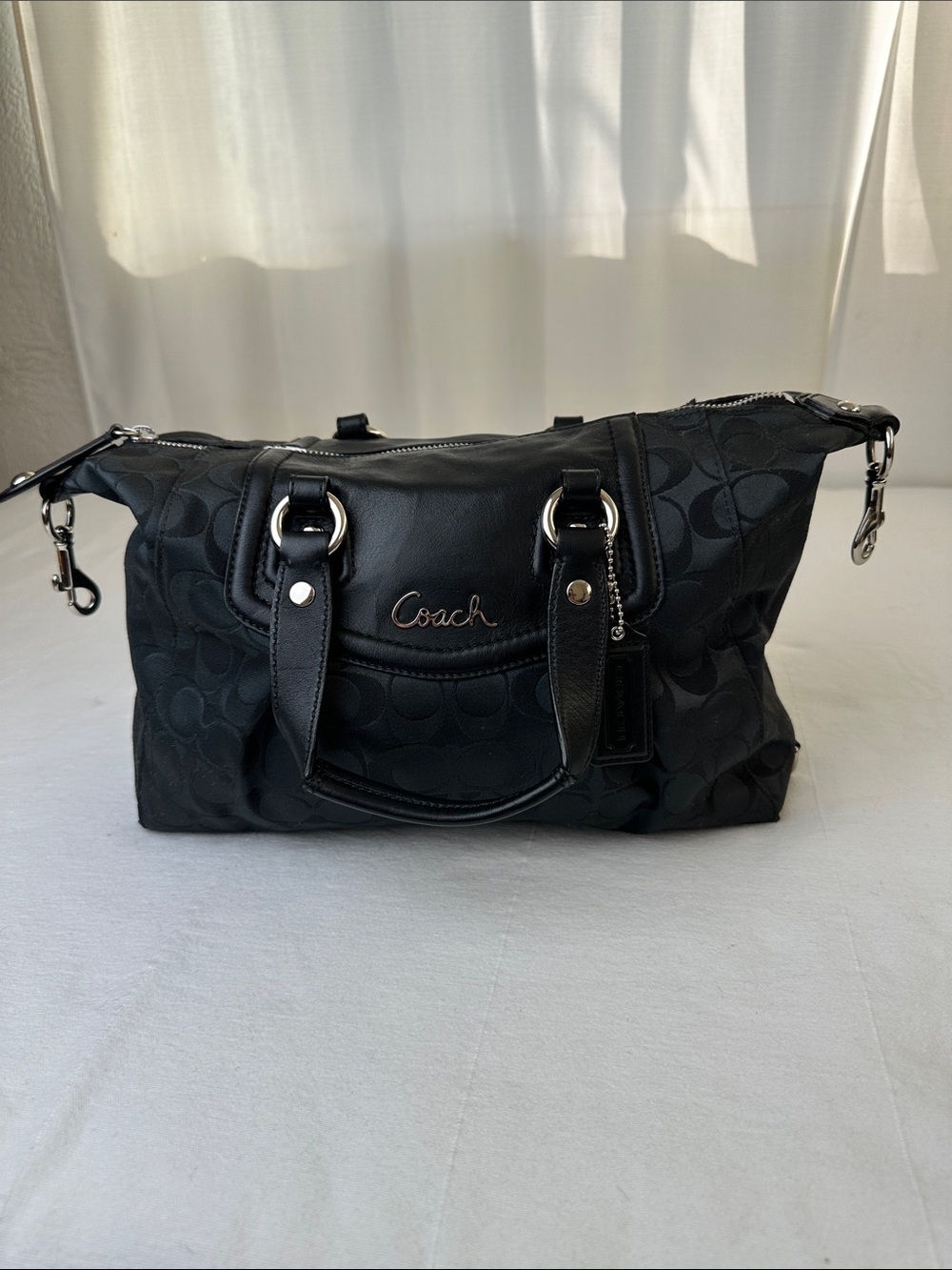 Coach Black Signature Shoulder Bag with Leather Trim
